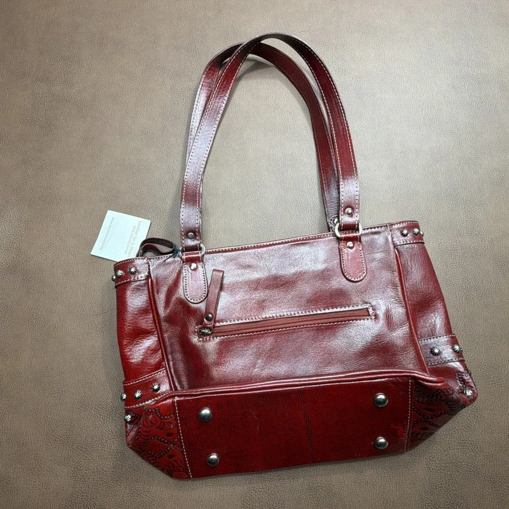 Vintage AMERICAN WEST Shoulder Bag STUDDED Rich Burgundy Red Leather Purse New!!
